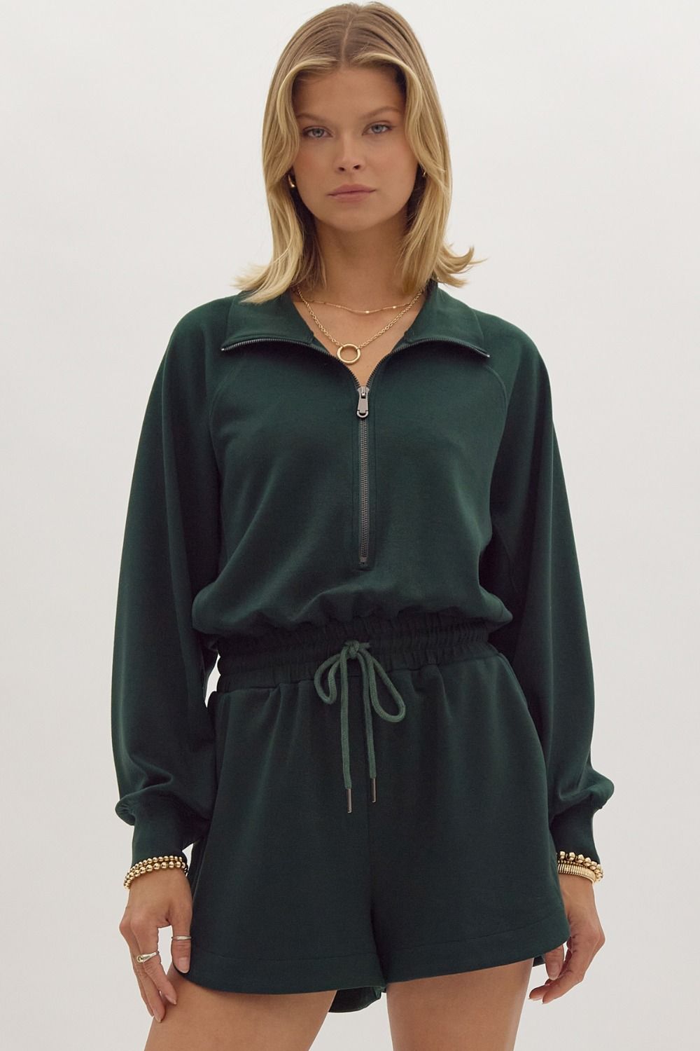 Hunter Green Half-Zip Collared Romper