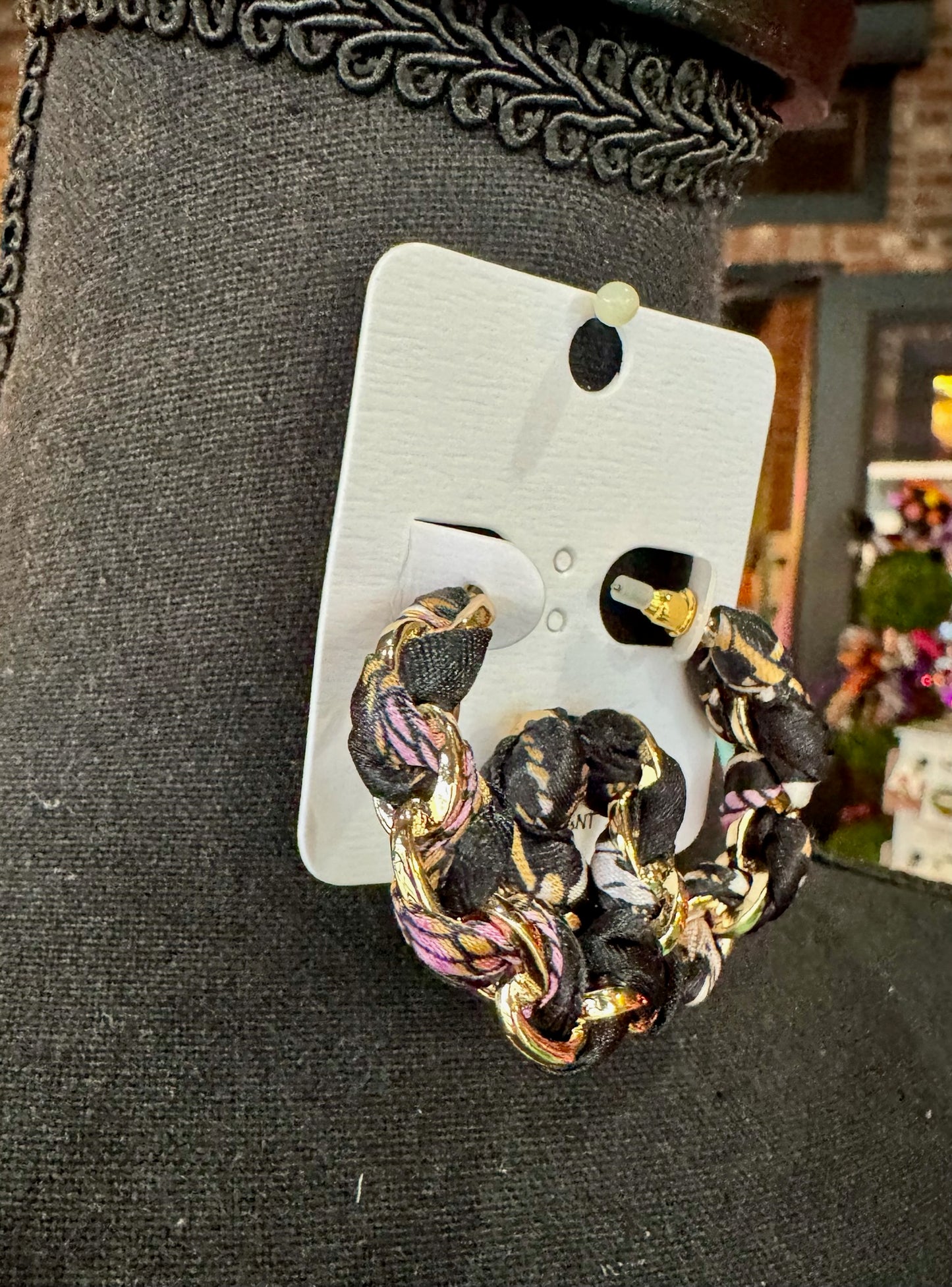 Black & Gold Scarf-Threaded Hoops