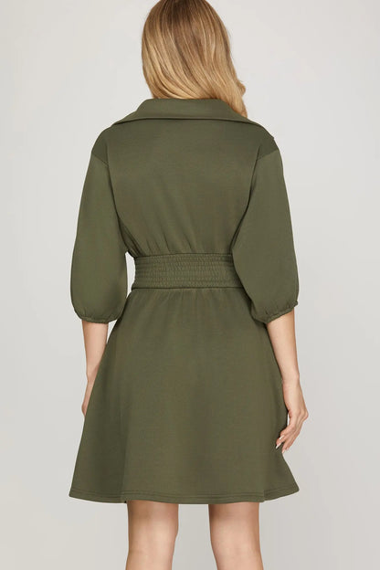 Olive Half Sleeve Zip Up Mini Dress