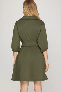Olive Half Sleeve Zip Up Mini Dress