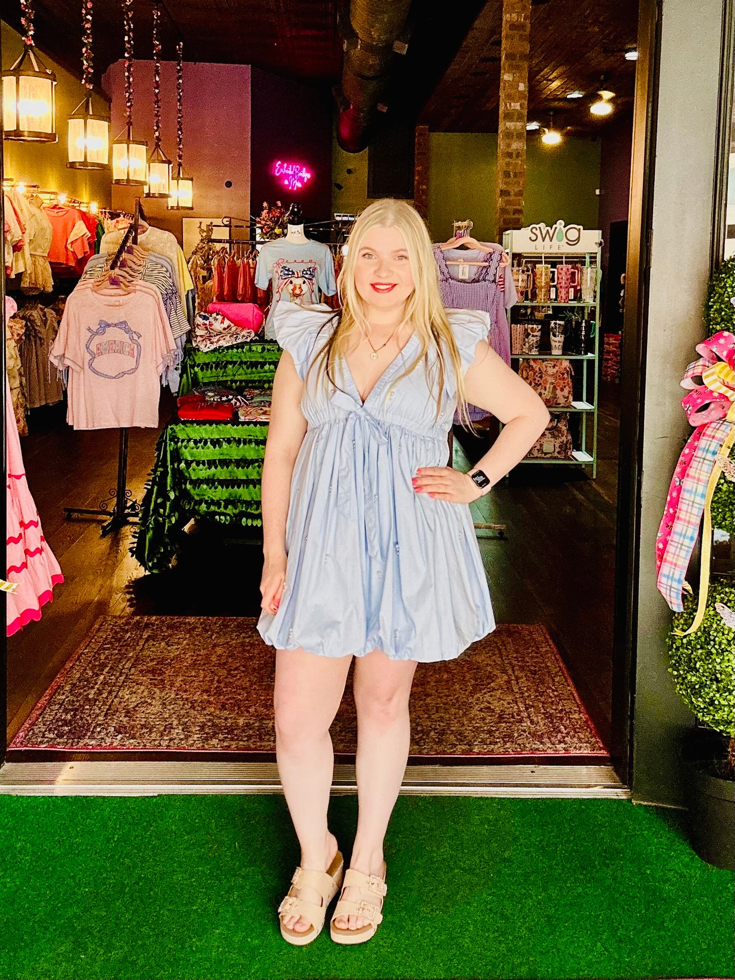 Light Blue Pearl Bubble Hem Mini Dress