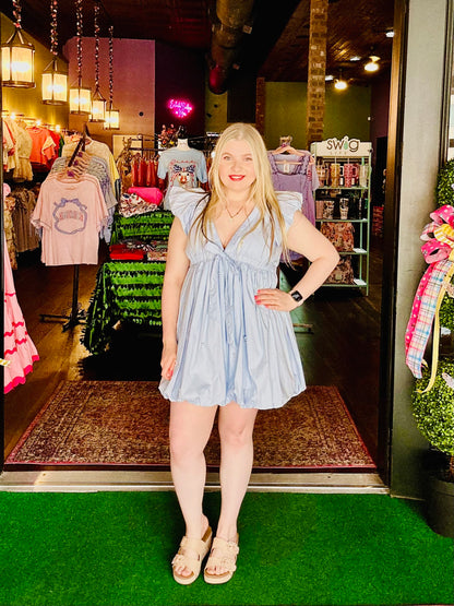 Light Blue Pearl Bubble Hem Mini Dress