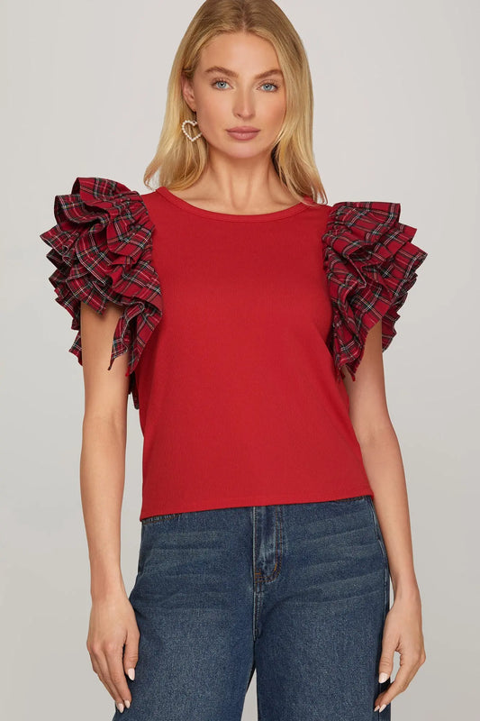 Red Christmas Plaid Ruffled Shoulder Top