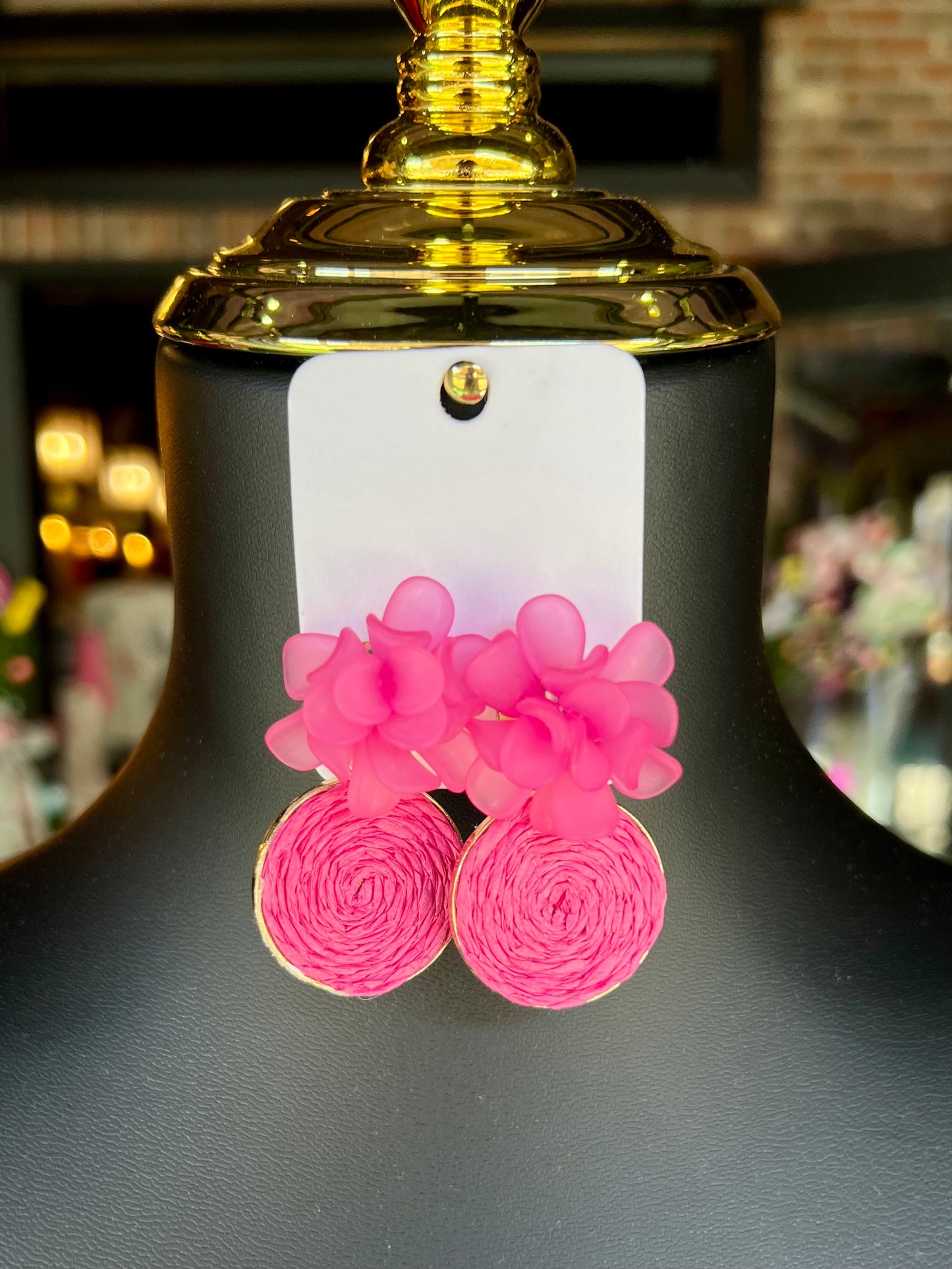 Fuchsia Flower & Raffia Dangle Earrings