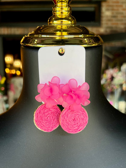 Fuchsia Flower & Raffia Dangle Earrings