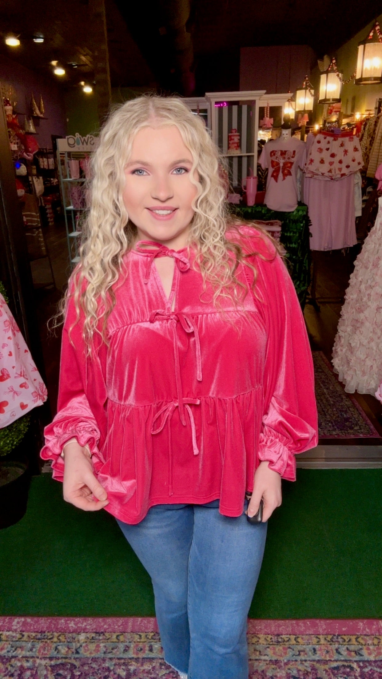 Fuchsia Velvet Bow Tie Babydoll Top