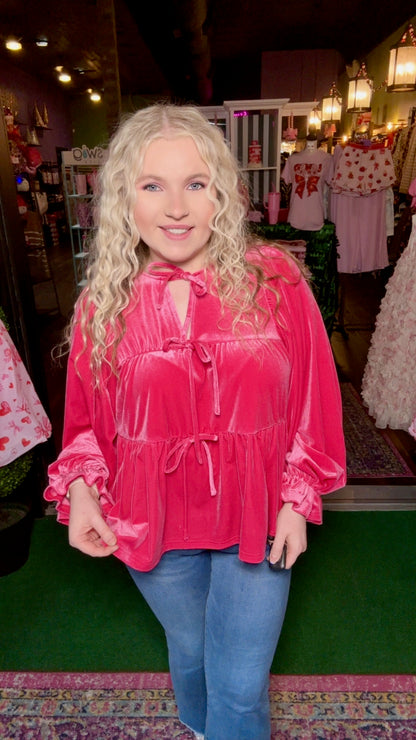 Fuchsia Velvet Bow Tie Babydoll Top