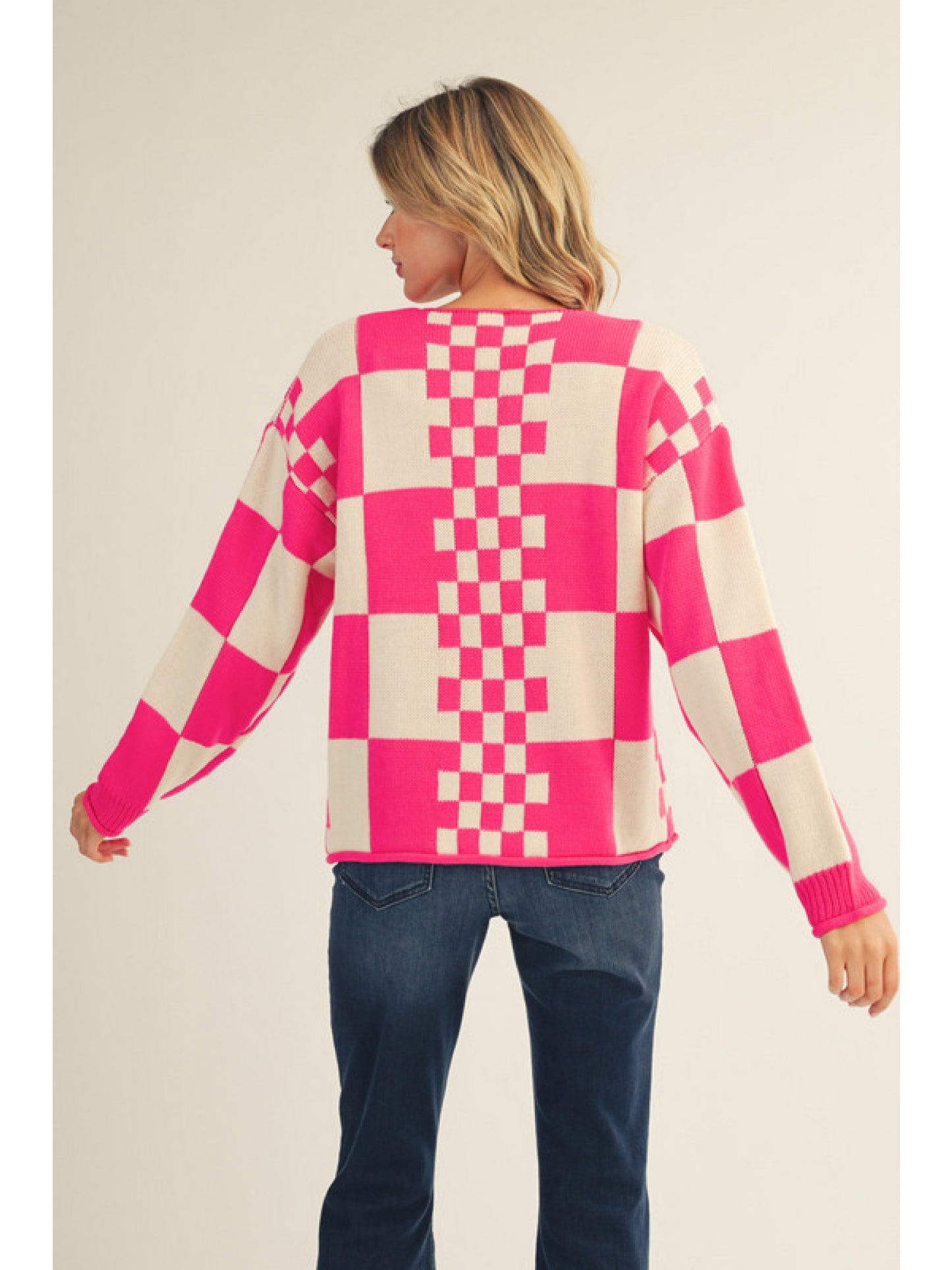 Hot Pink & Cream Checkered Sweater Cardigan