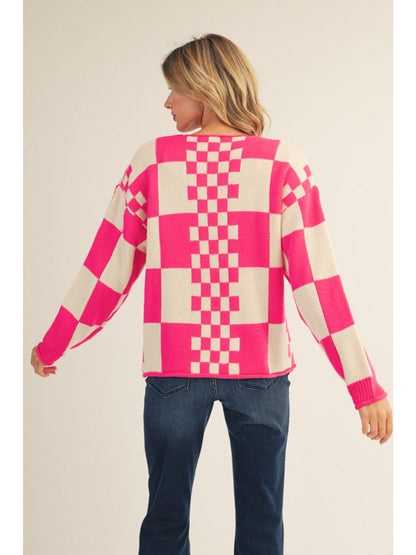 Hot Pink & Cream Checkered Sweater Cardigan