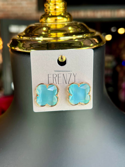 Aqua & Gold Cats Eye Clover Earrings