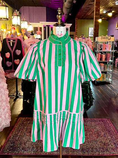 Pink Palm Striped Mini Dress