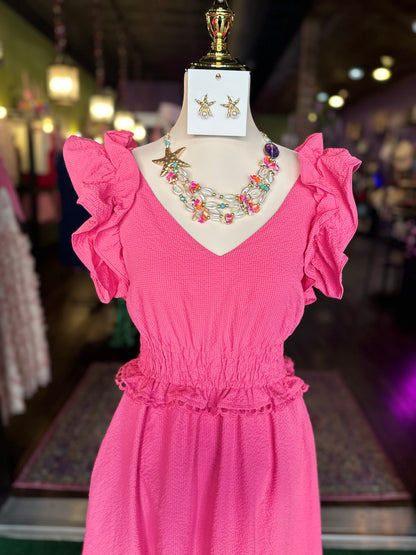 Hot Pink Ruffle Shoulder Maxi Dress