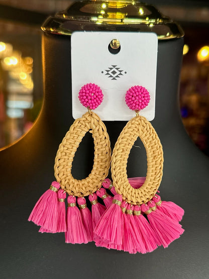 Rattan & Fuchsia Tassel Drop Earrings