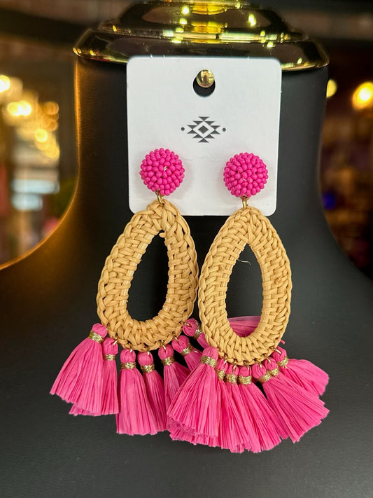 Rattan & Fuchsia Tassel Drop Earrings