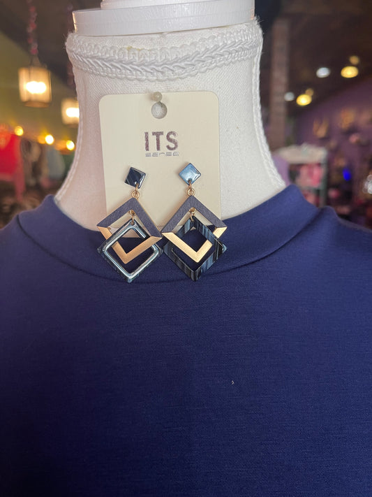 Navy Double Square Link Earrings