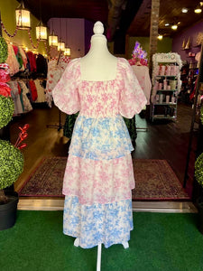 Pink & Blue Floral Tiered Midi Dress