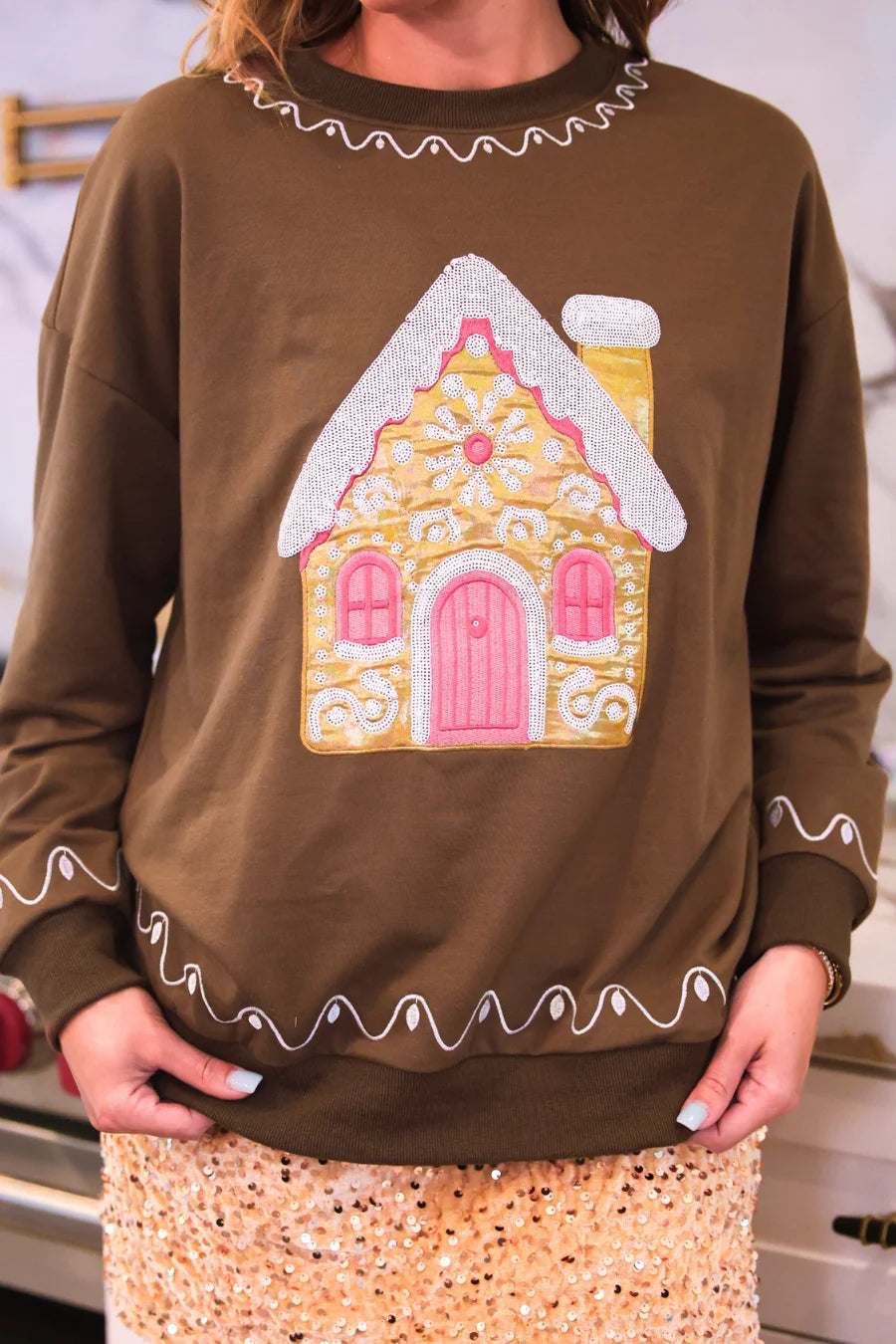 Foil Gingerbread House Luxe Pullover