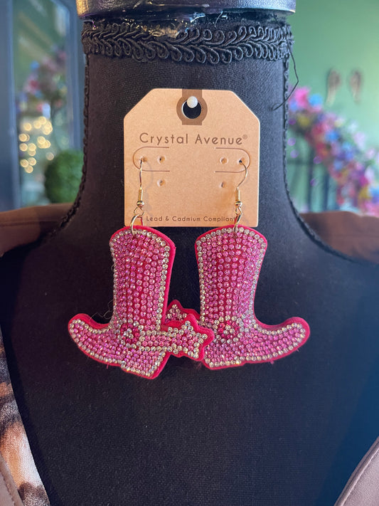 Pink Rhinestone Boots Earrings