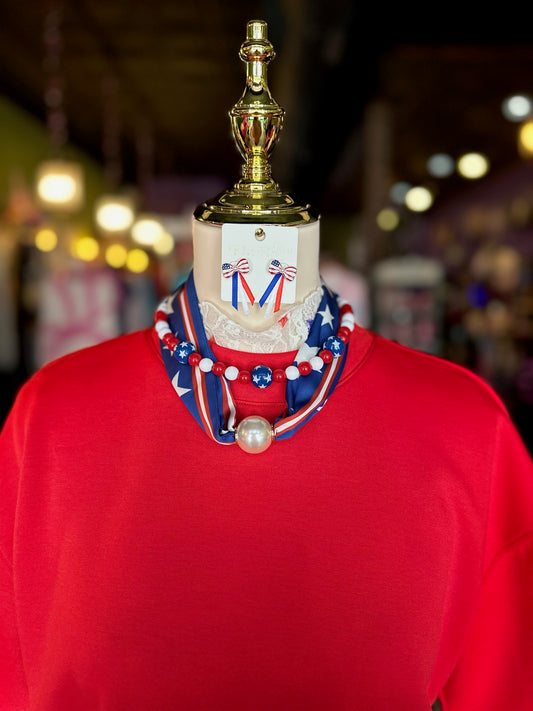 Patriotic Beaded & Scarf Necklace Set