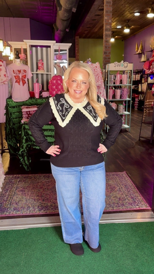 Black Bow Embroidered Cable Knit Sweater