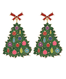 Glitter Christmas Tree & Colorful Ornaments Earrings