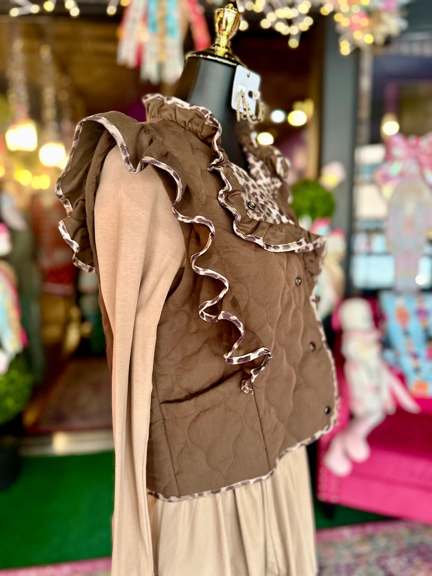 Espresso Sleeveless Ruffle Detail Quilted Vest