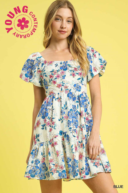 Floral Puff Sleeve Tiered Mini Dress