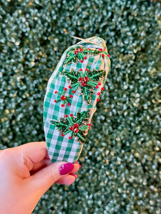 Green Plaid Christmas Holly Headband