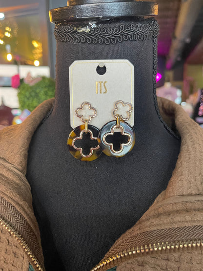 Tortoise & Gold Clover Disc Earrings