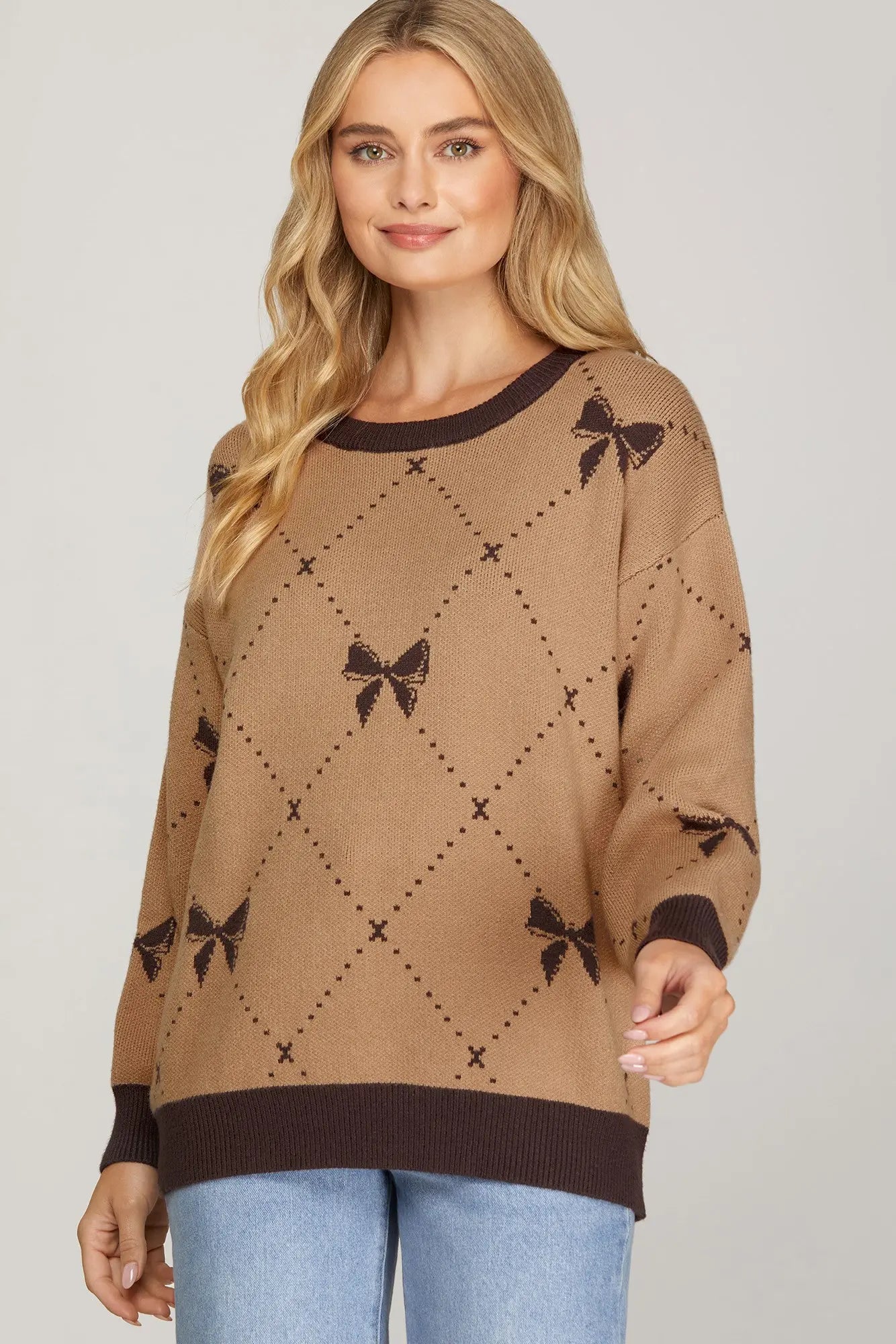Long Sleeve Bow Patterned Sweater