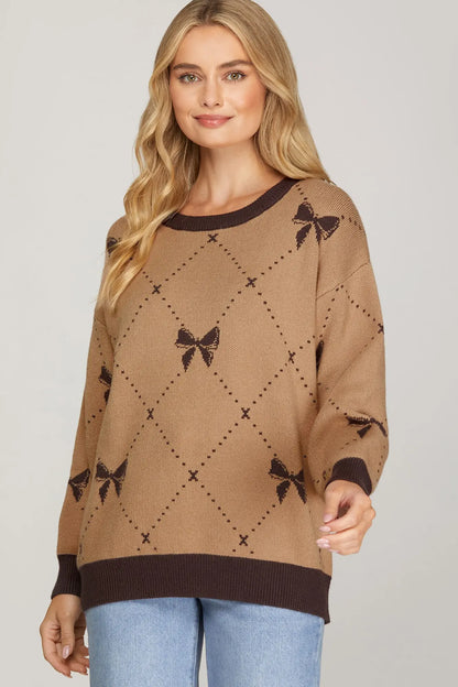 Long Sleeve Bow Patterned Sweater