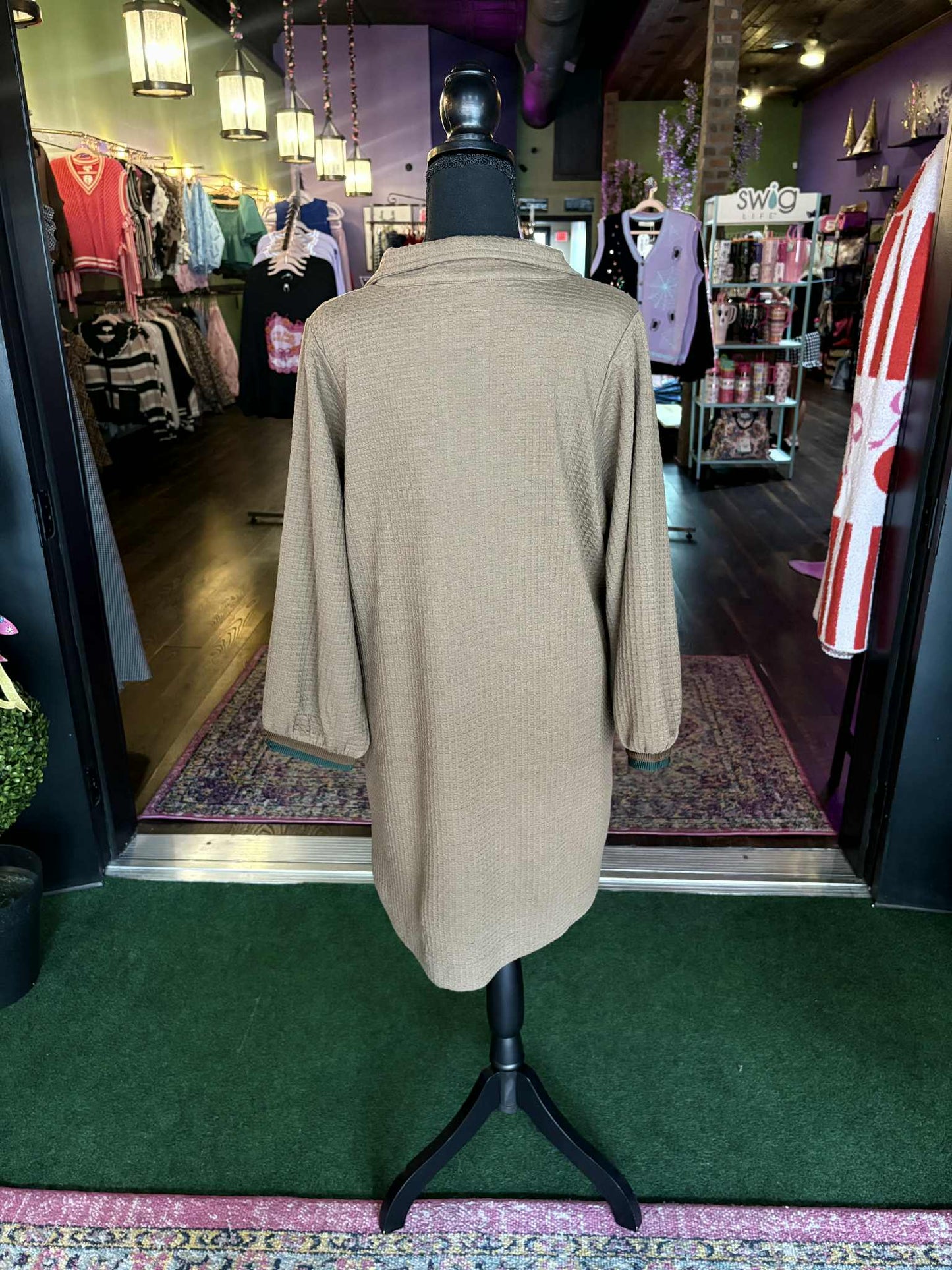 Coffee Waffle Knit Quarter Zip Dress