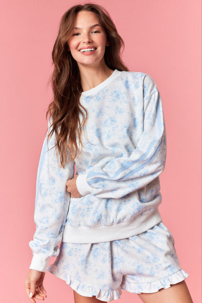 Light Blue Floral French Terry Sweatshirt & Shorts Set