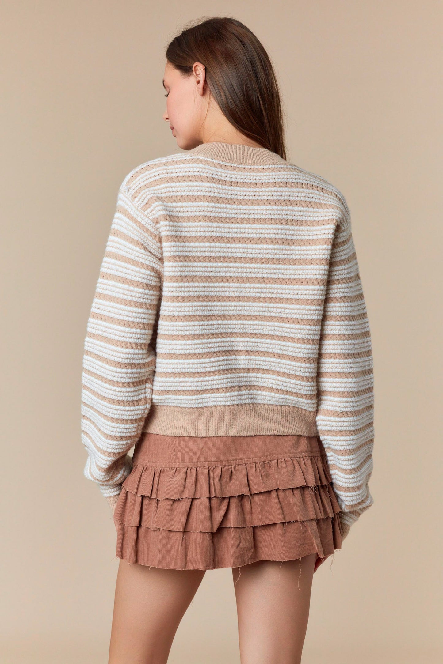 Taupe & Ivory Striped Bow Cardigan