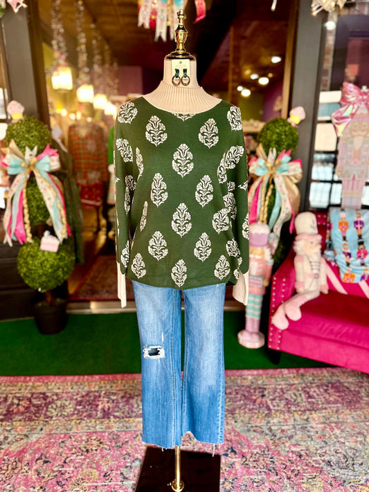 Hunter Green Botanical Print Sweater
