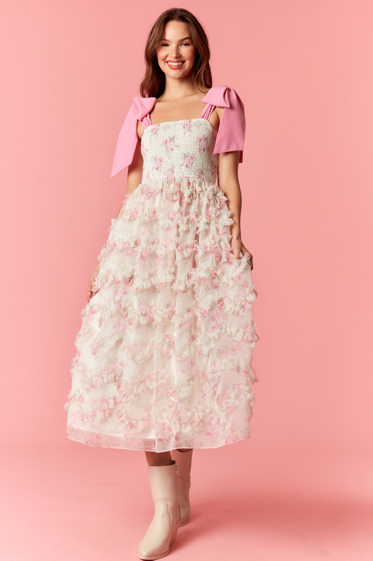 Floral Print Organza Ruffled Midi Dress