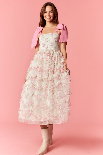 Floral Print Organza Ruffled Midi Dress