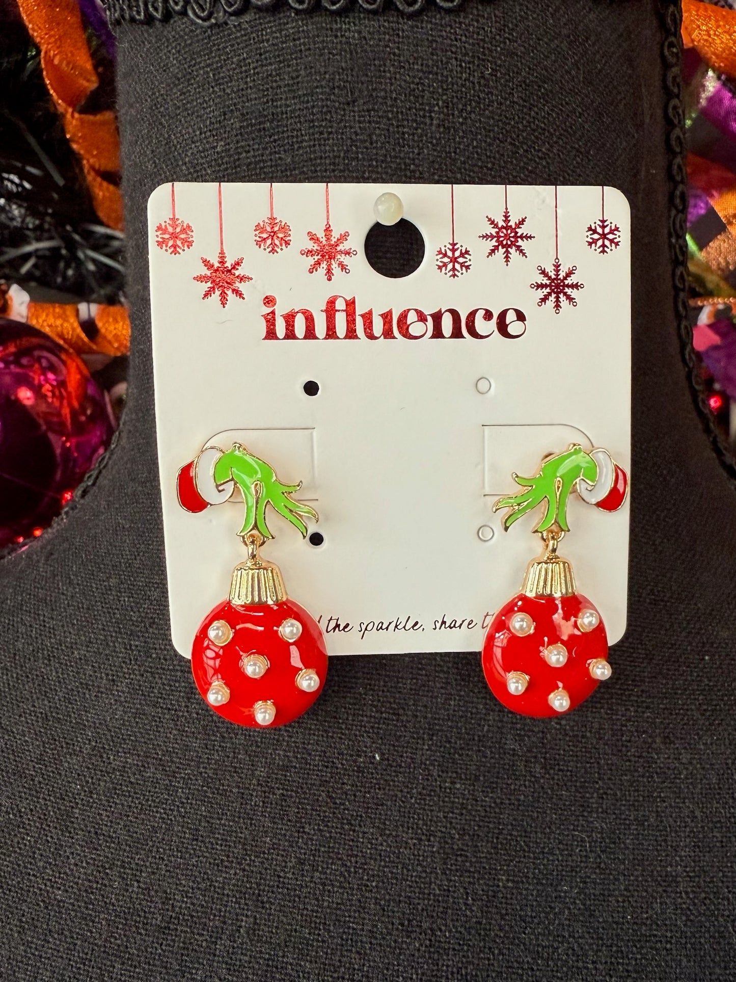 Grinch Hand & Ornament Drop Earrings