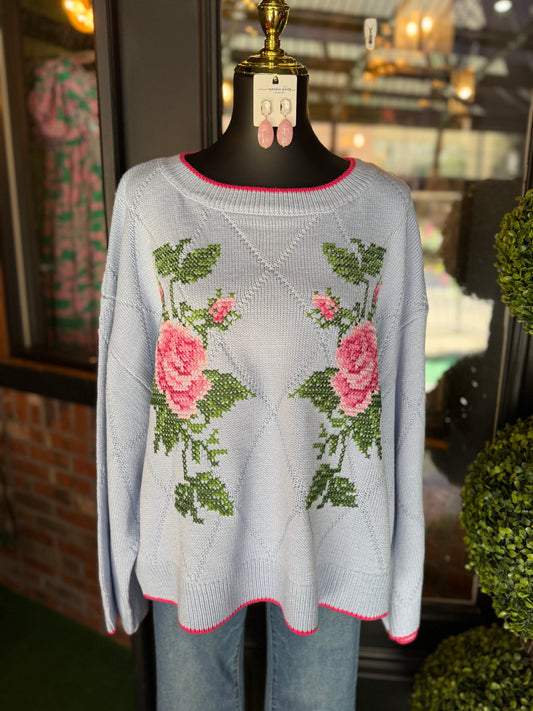Rose Embroidered Jacquard Knit Sweater