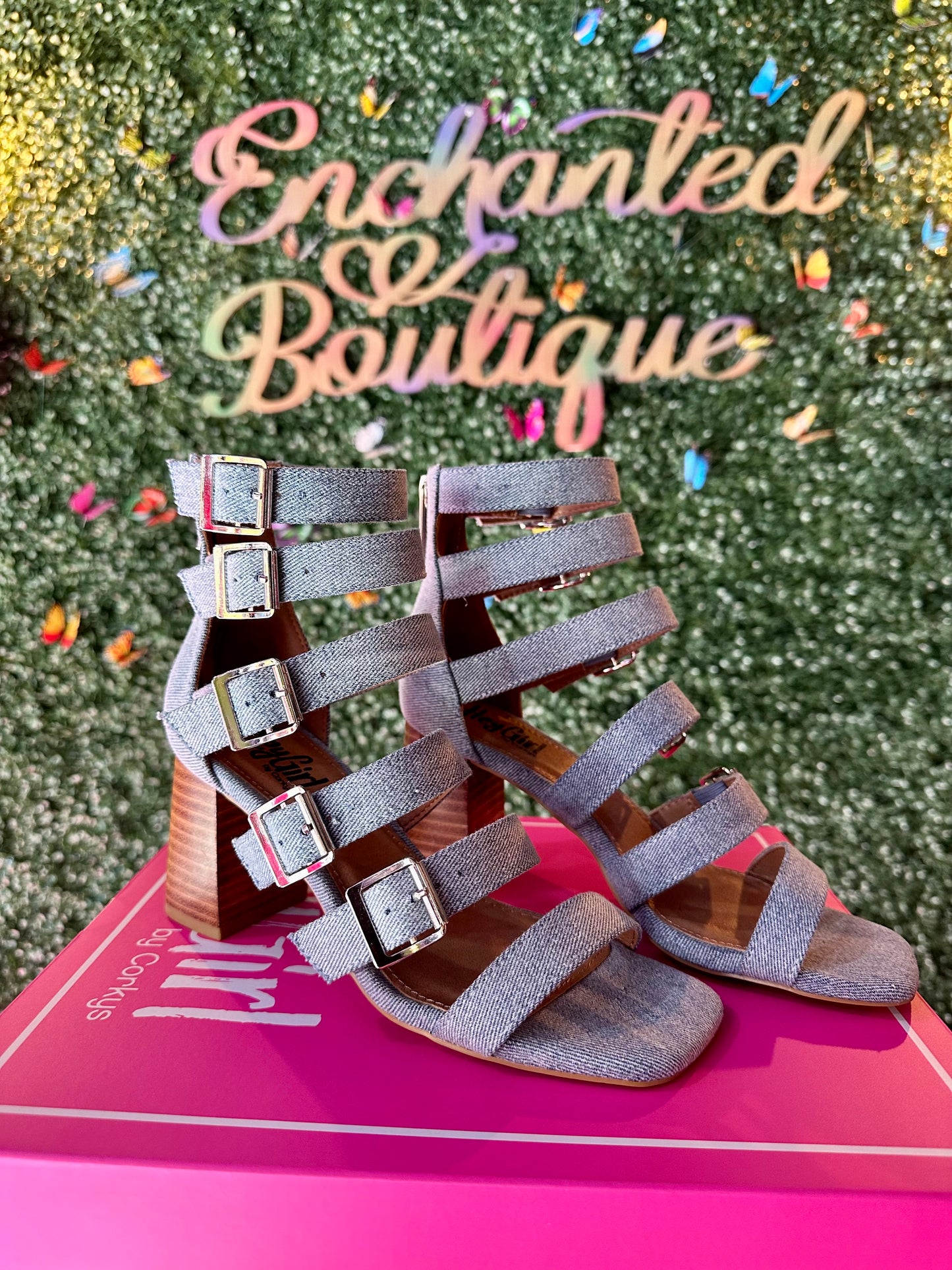 Denim “Buckle Down” Heels