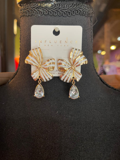 Gold Striped Bow & Jewel Dangle