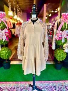 Beige Sequin Sleeve Babydoll Dress