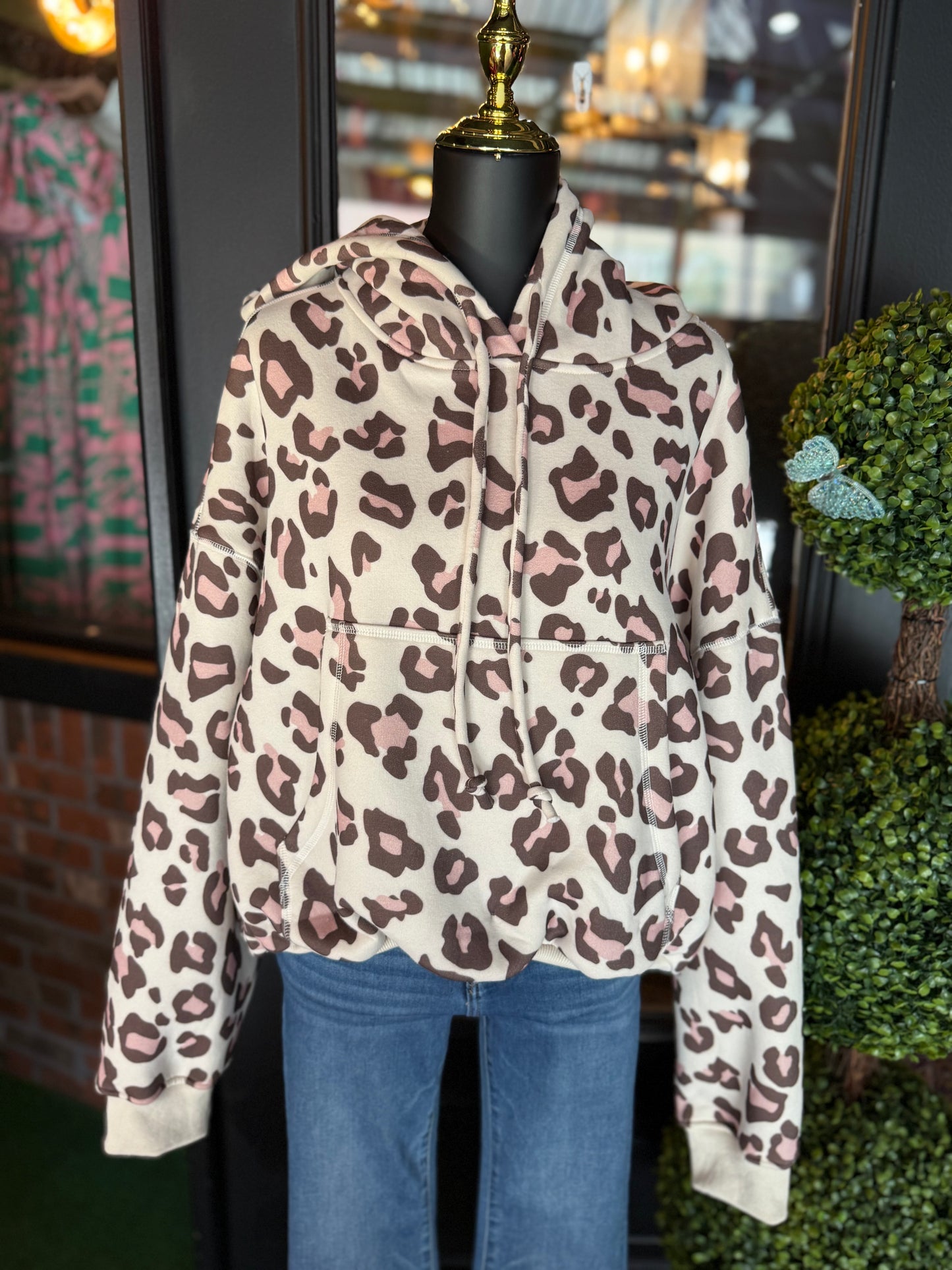 Leopard Print Fleece Bubble Hem Sweatshirt