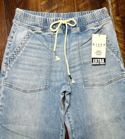 Risen Elastic Band Cropped Baggy Jeans
