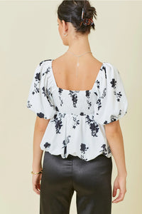 White Bubble Hem Floral Blouse