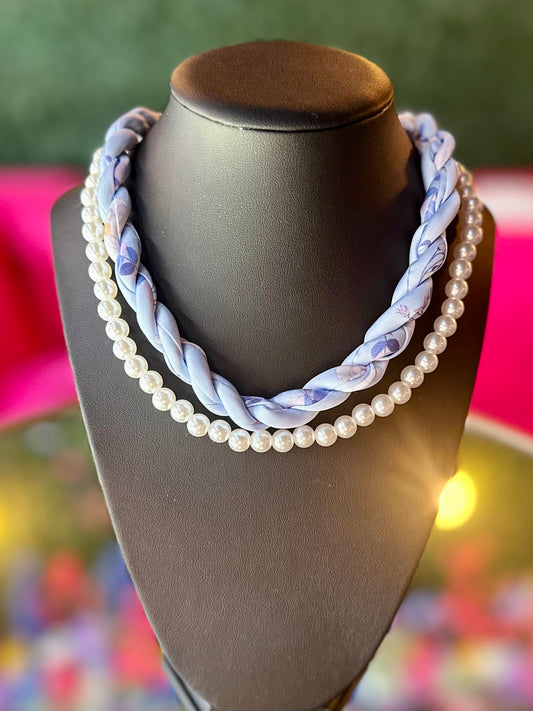 Blue Braided Scarf & Pearl Necklace Set
