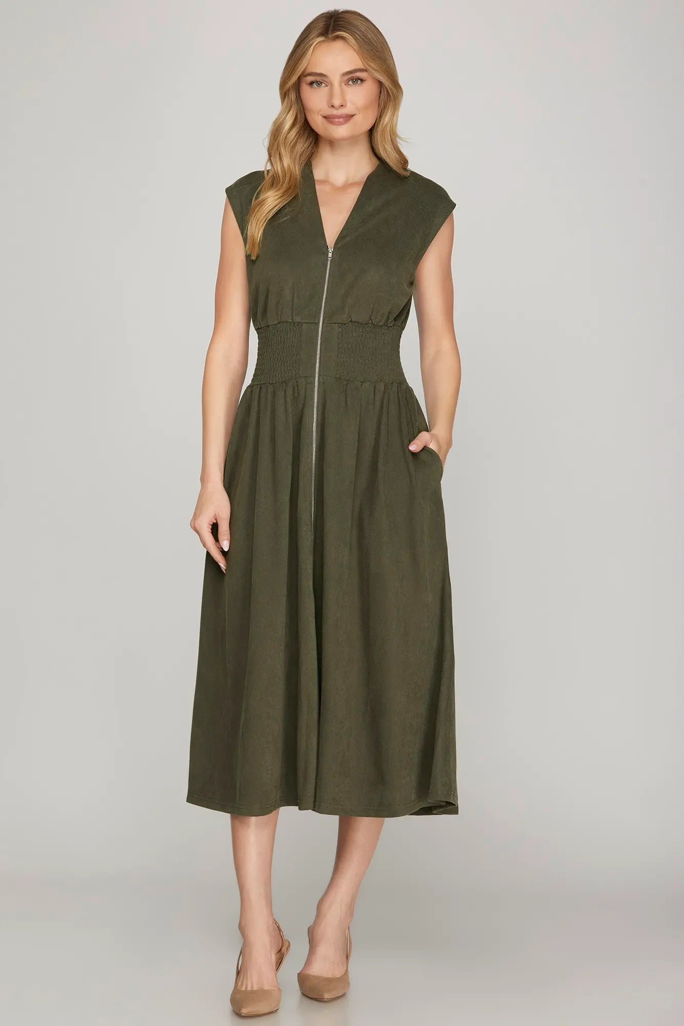 Olive Suede Front Zip Midi Dress
