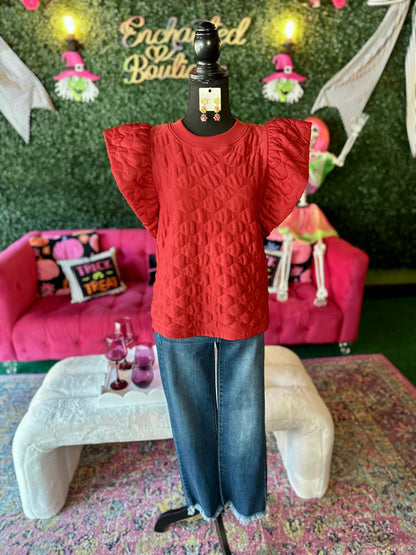 Burgundy Quilted Ruffle Sleeve Top