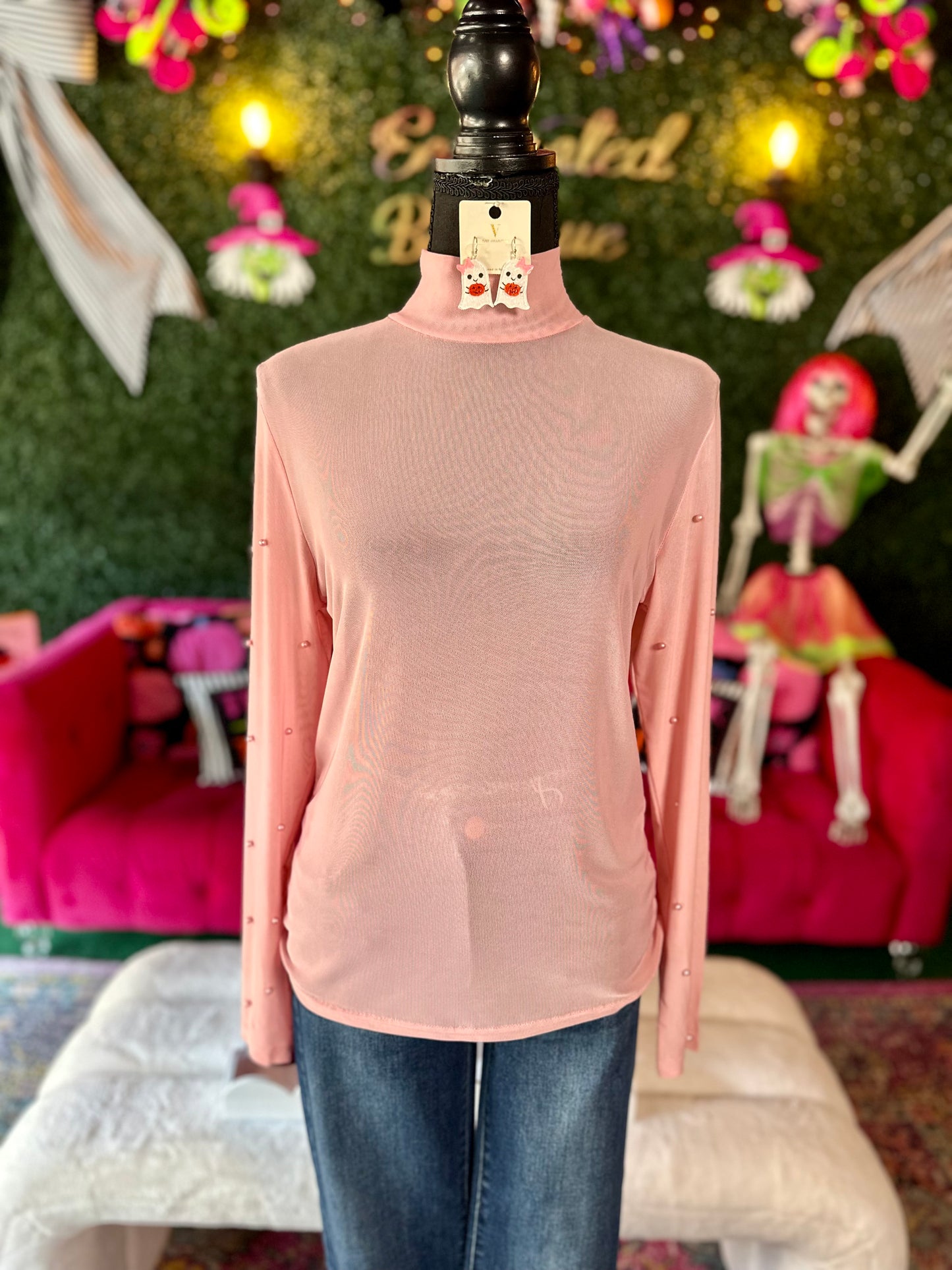 Pink Pearl High Neck Mesh Top