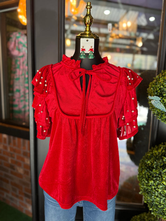 Red Velvet Pearl & Jewel Studded Blouse